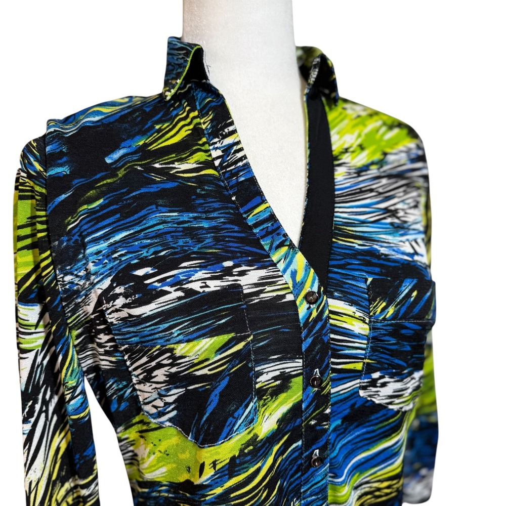 Womens Abstract Brushstroke Button Front Blouse S Blue Lime Green 3/4 Sleeve Top